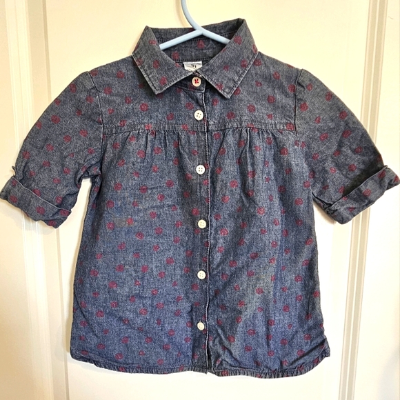*2 for $10*TODDLER 3T Denim rose design Button up collared Short sleeve shirt - Picture 1 of 6
